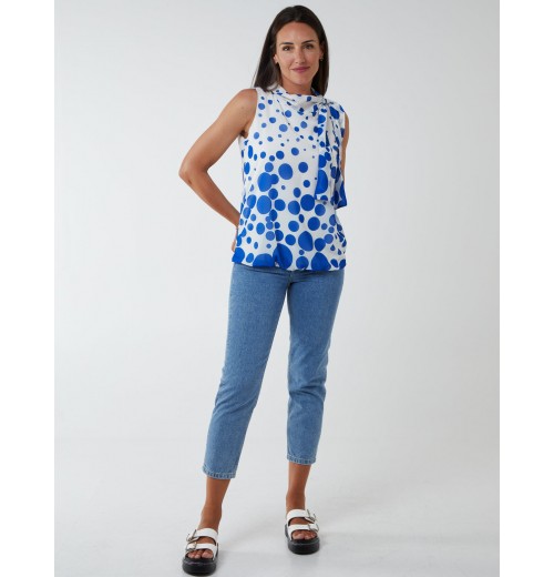 Sleeveless Polka Dot Top With Tie Neck