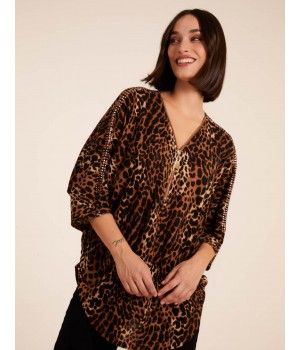 Zip Front Leopard Diamante Tunic Top