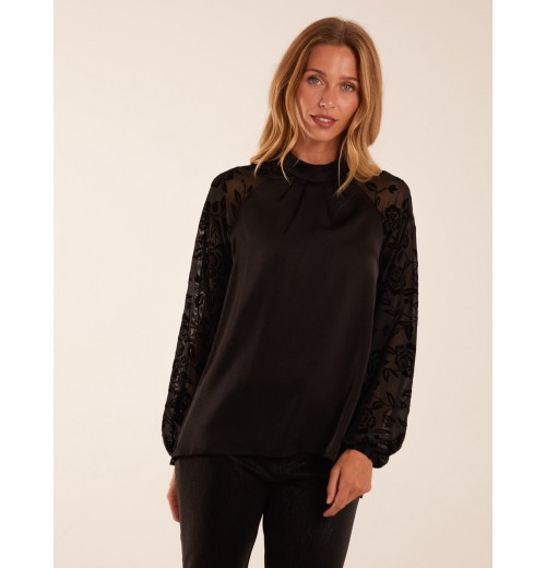 High Neck Flocked Sleeve Top