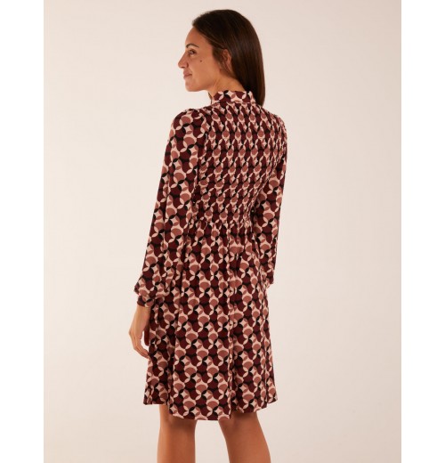 Geometric Print Shirred Bust Long Sleeve Shirt Dress