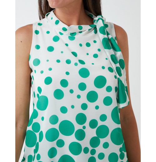 Sleeveless Polka Dot Top With Tie Neck