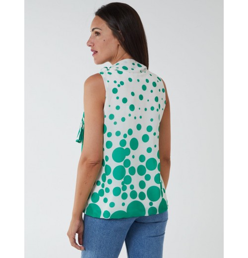 Sleeveless Polka Dot Top With Tie Neck