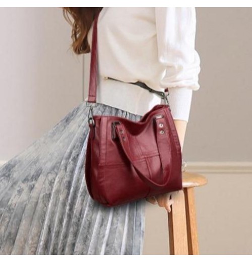 Red Leather Top Zip Tote Purse